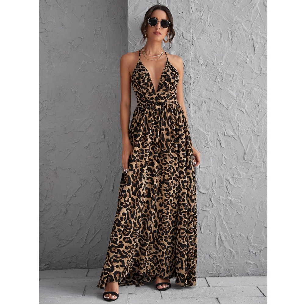 Backless Cheetah Maxi Dress Criss Cross V-Neck - Picture 6 of 16
